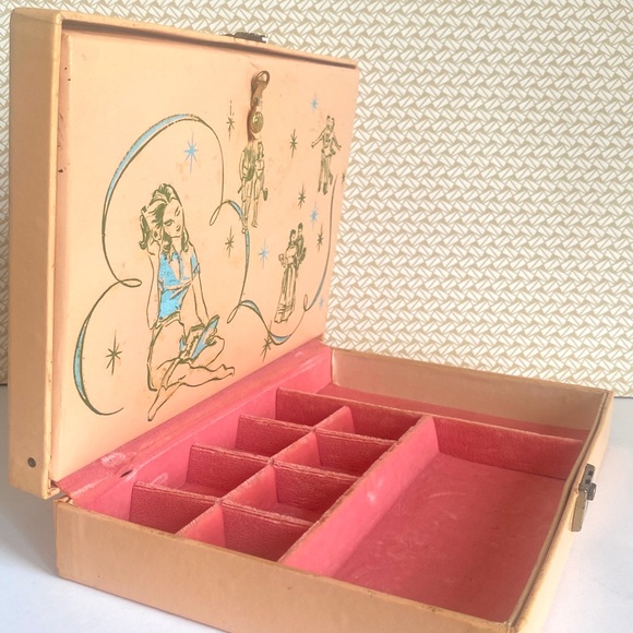SOLD RARE 60s Jewelry Box Vintage Princess Pink Velvet Lined Retro Atomic Starbu - Picture 6 of 8